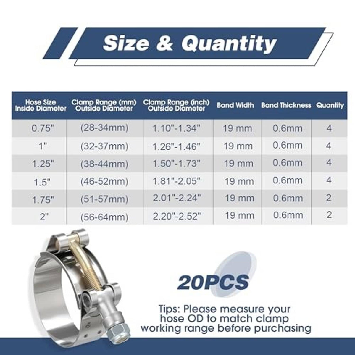 T-bolt hose clamp set display with assortment of clamps in a 20-pack