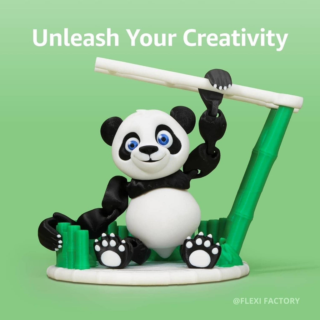 3D printed panda figurine holding a green coil shape, made with PLA filament