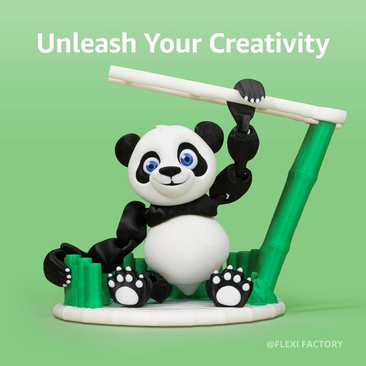 3D printed panda figurine holding a green coil shape, made with PLA filament