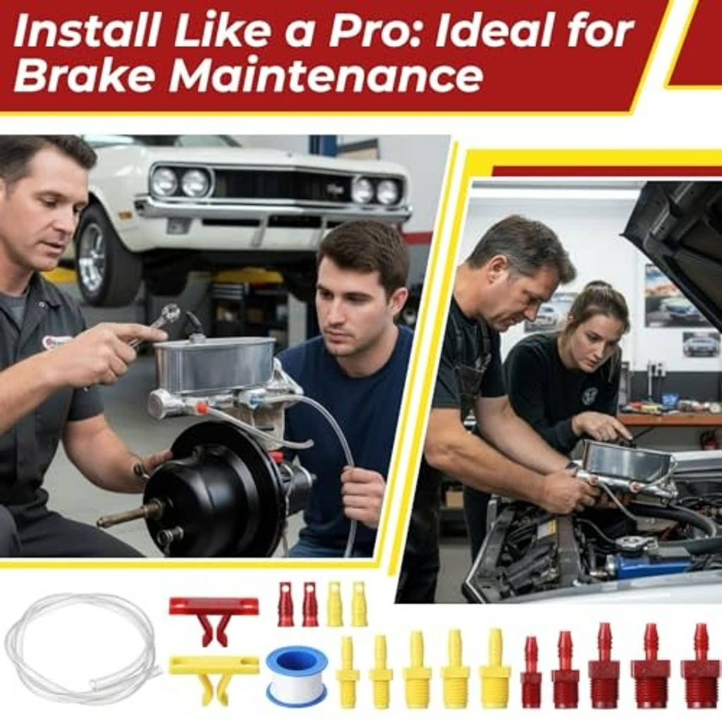 Brake maintenance bleeder kit with clear hose, red and yellow connectors, tees, and clips