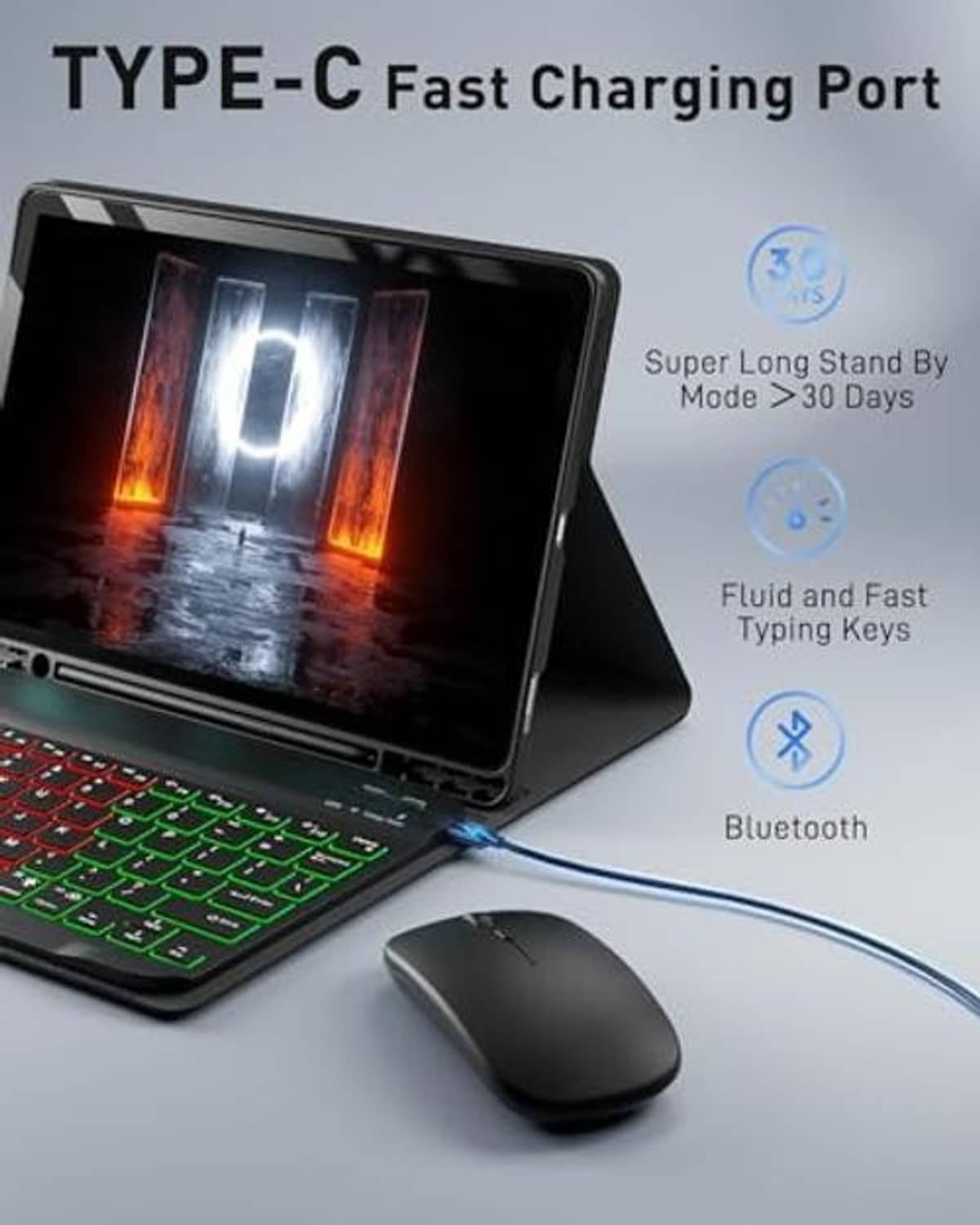 Black keyboard folio case with USB-C charging port and glowing backlit keys