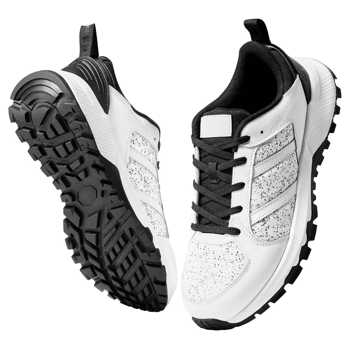 Cross-training sneakers pair, white with speckled trim, black outsole, lace-up front