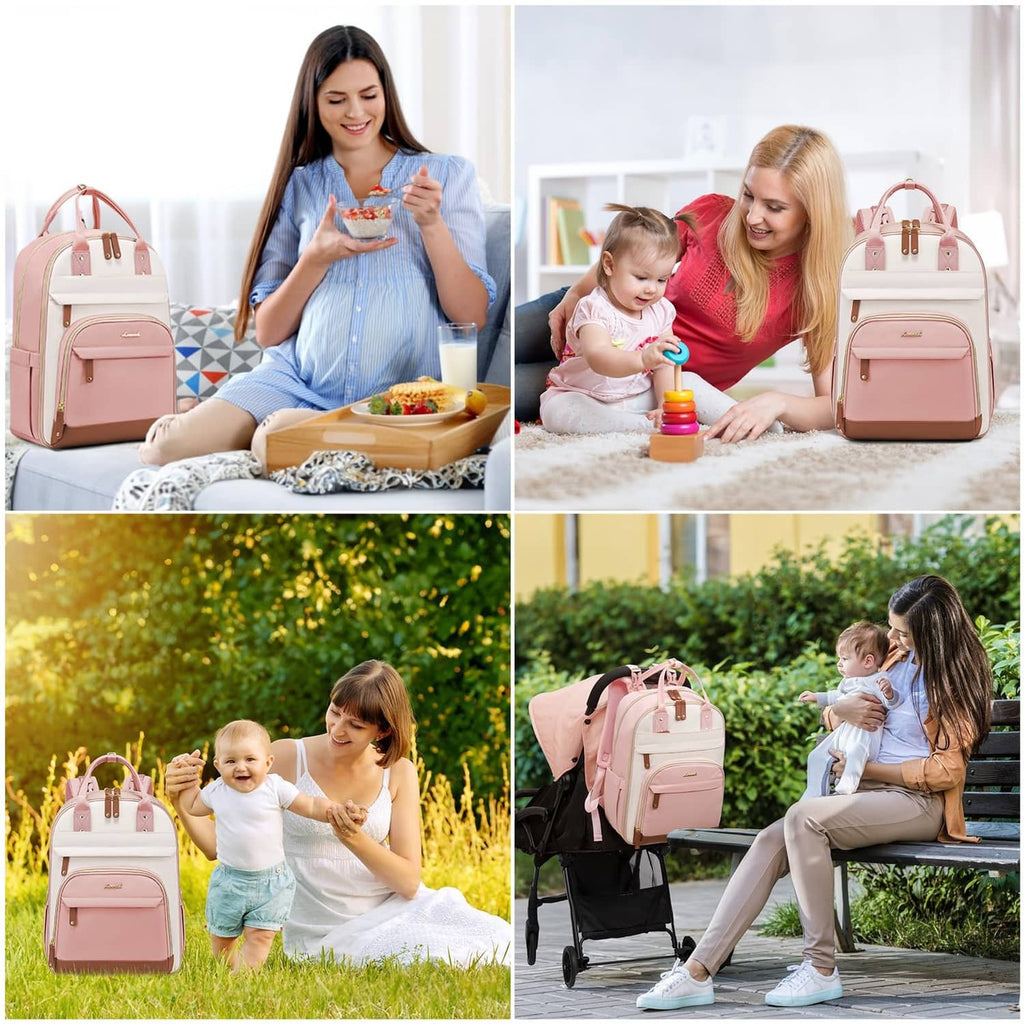 Pink-beige diaper bag backpack outdoors, shown beside a stroller for baby use