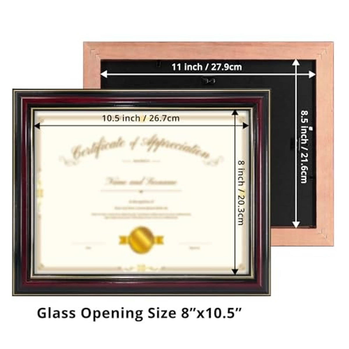 Cherry wood diploma frame with 8.5x10.5 glass opening, 8.3x12.0 overall size