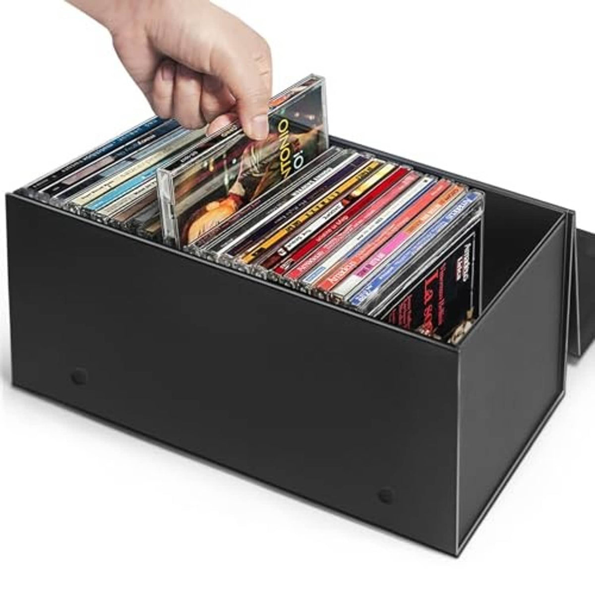 Black CD storage box with jewel cases visible, lid open and side panel extended