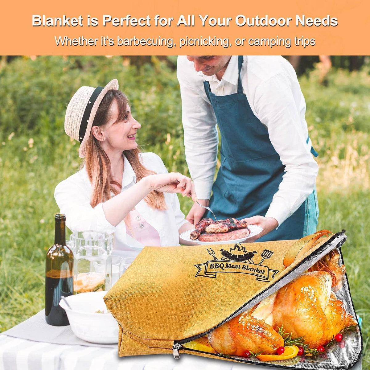 BBQ meat resting blanket with zipper pouch holding roasted chicken and vegetables