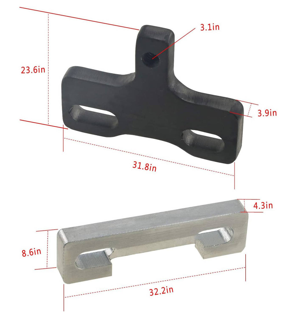 Valve spring compressor tool dimension diagram: black bracket and silver base with tabs