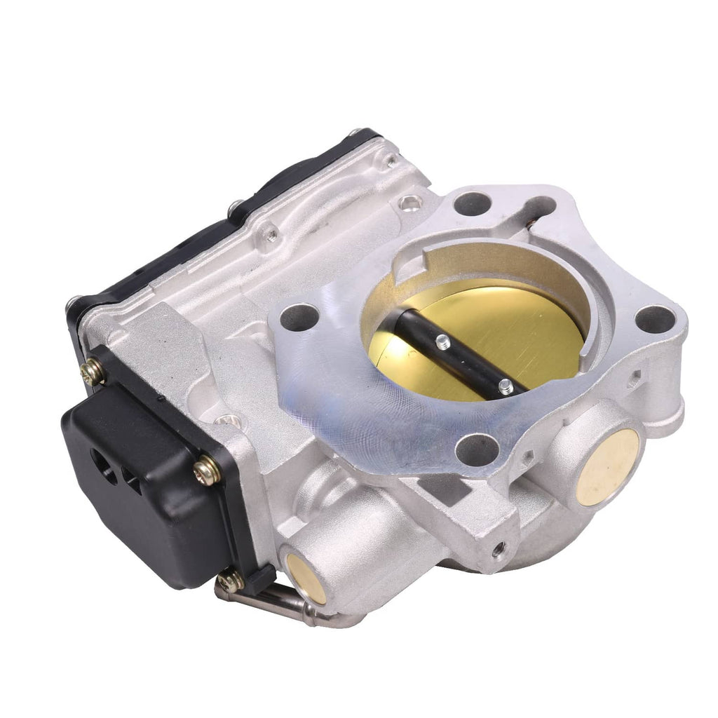 Electronic throttle body three-quarter view with silver housing and gold throttle bore