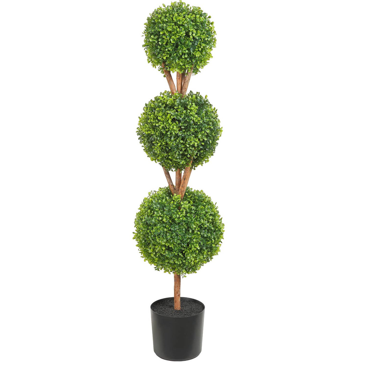 Artificial topiary tree with three stacked ball-shaped green canopies and black pot