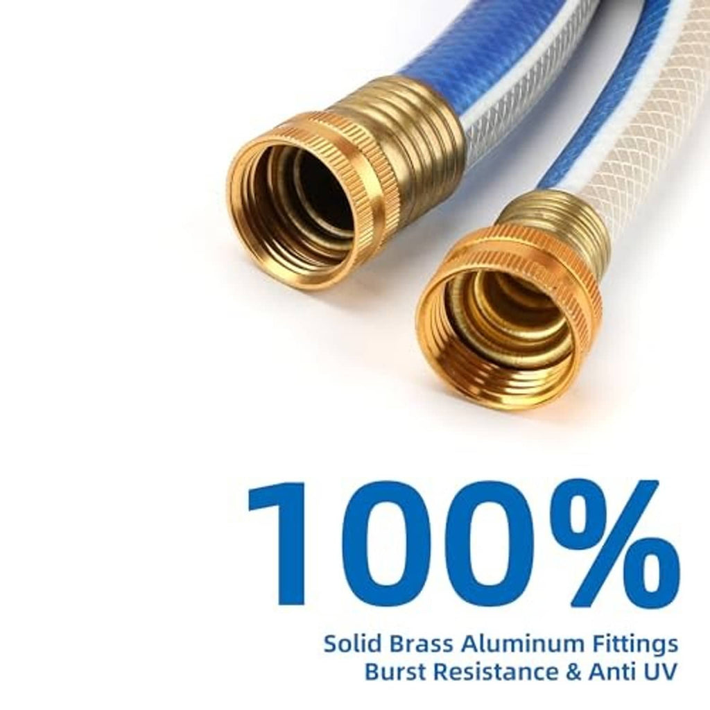 Blue garden hose with two brass threaded connectors at opposite ends