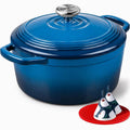 Midnight blue enameled cast iron Dutch oven with ribbed lid and side handles