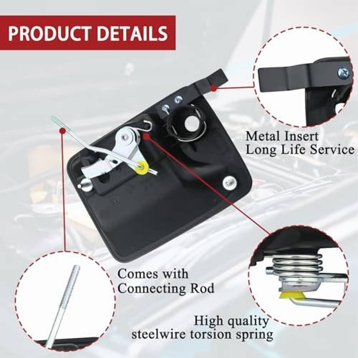 Black exterior door handle with metal insert and spring detail kit, close-up view.