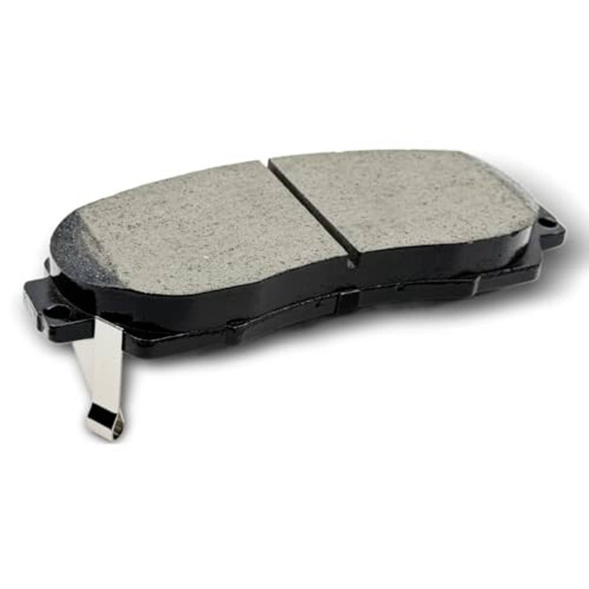 Single ceramic brake pad with gray friction surface and black metal backing, mounting tabs