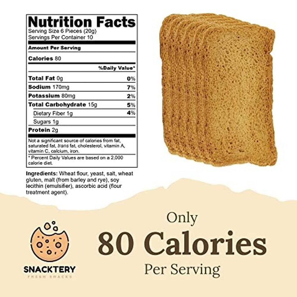 Melba toast cracker next to nutrition facts label showing 80 calories per serving