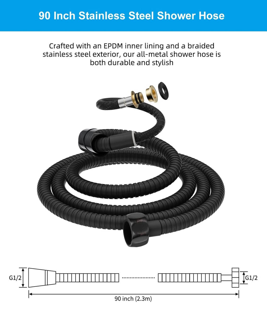 Black braided shower hose with EPDM inner lining, brass fittings, 90-inch length