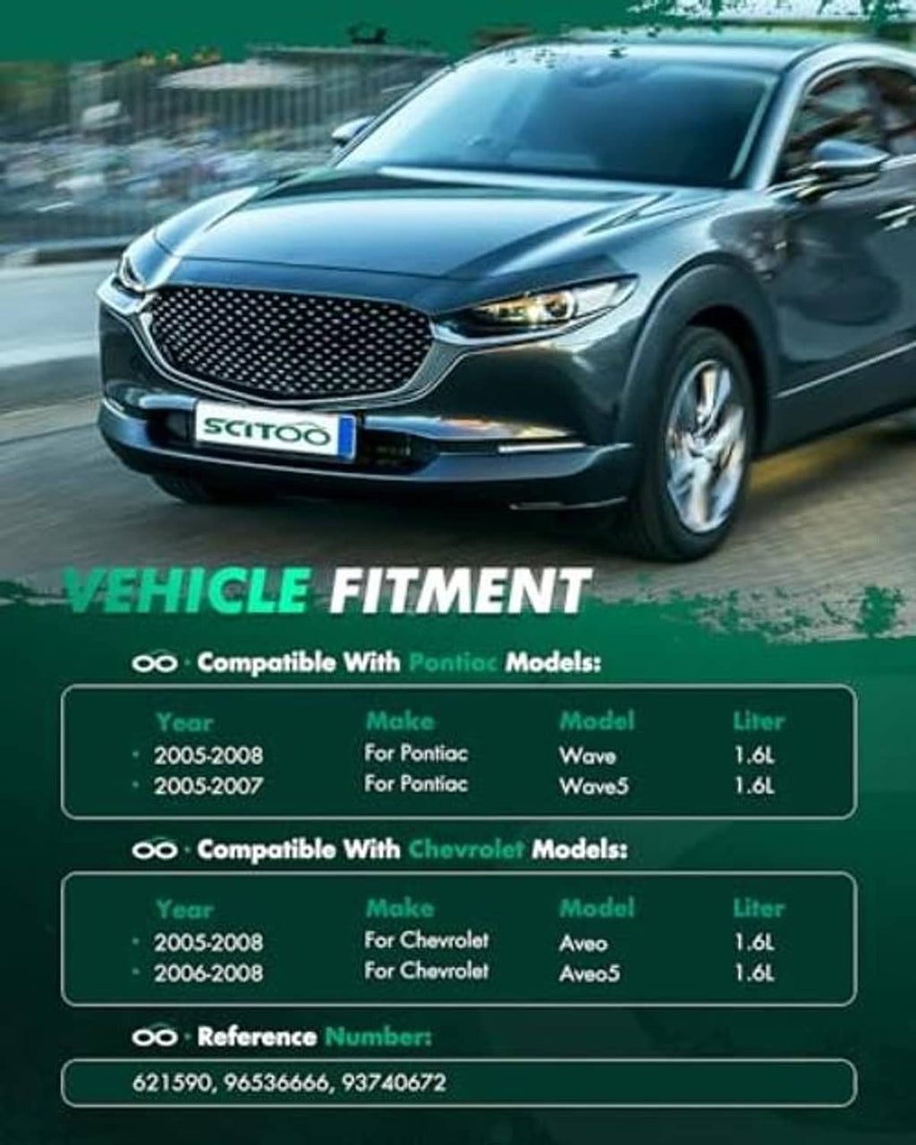 Dark sedan front with radiator cooling fan fitment graphic overlay
