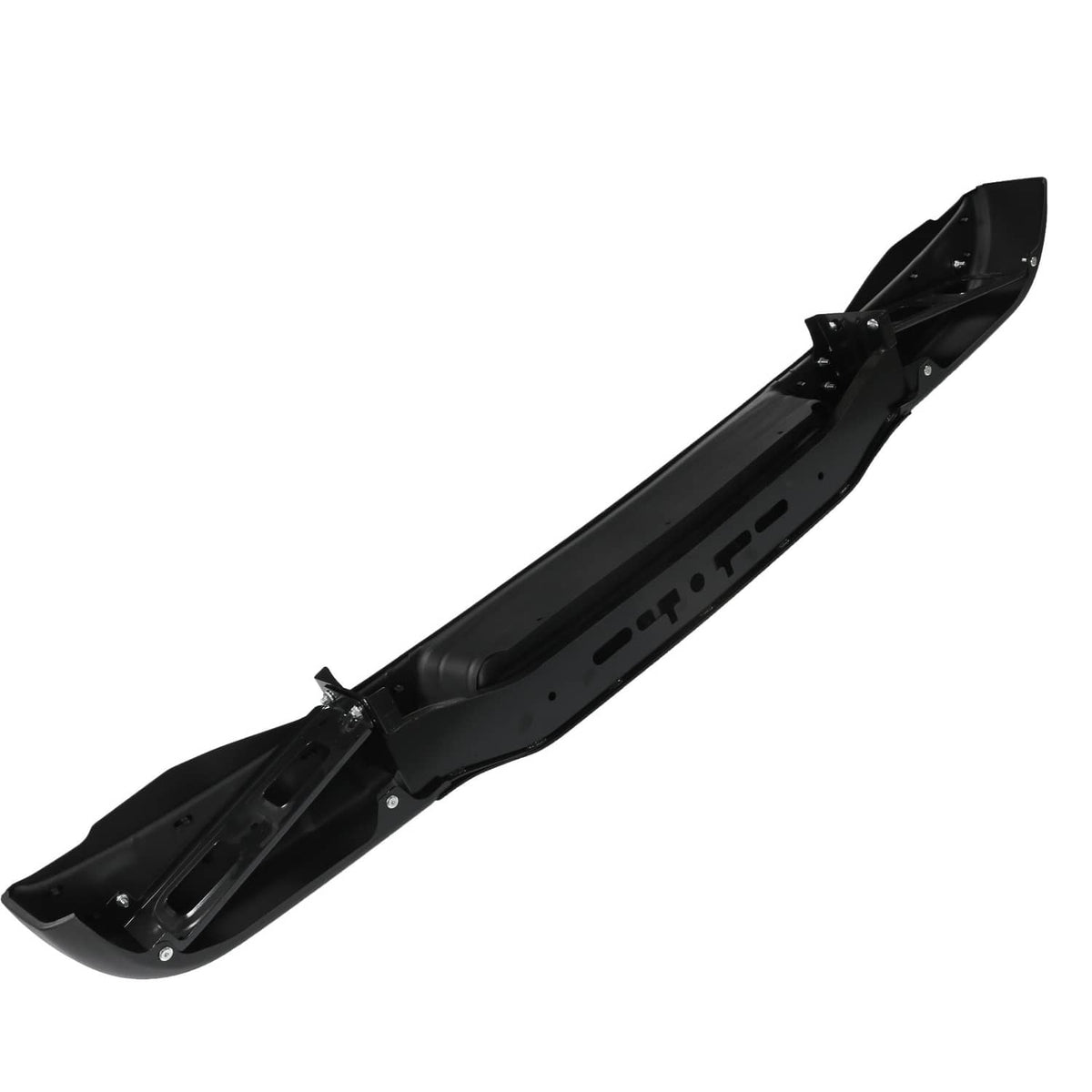 Black rear step bumper assembly with long channel and side bracket tabs