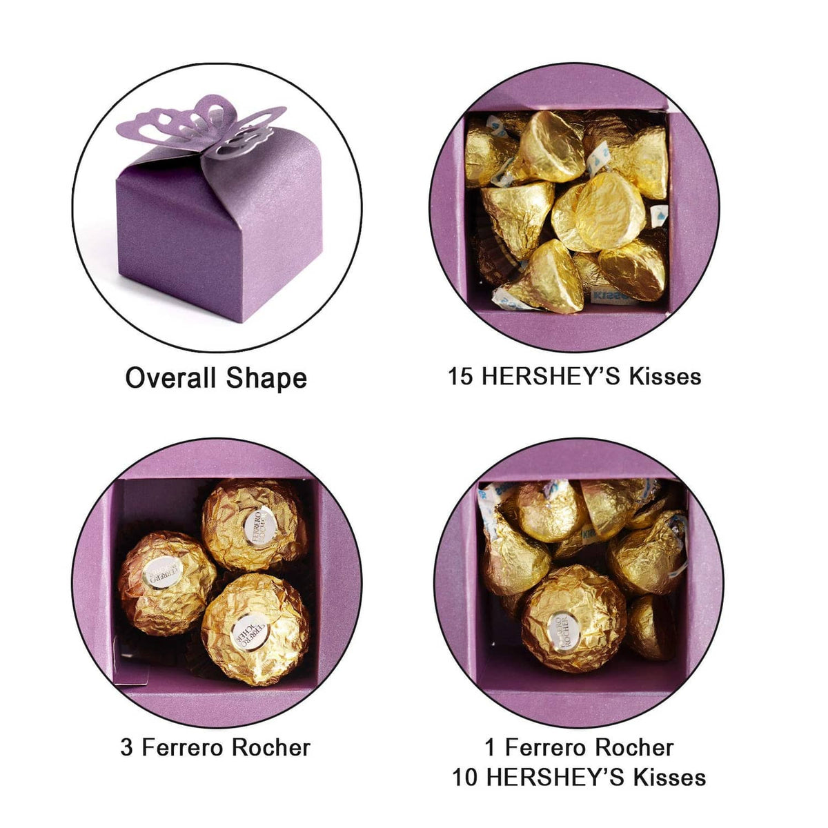 Purple butterfly favor boxes with butterfly lid, shown filled with assorted chocolates
