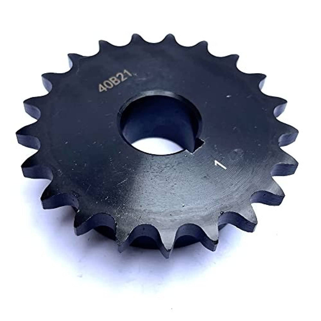#40 roller chain sprocket back view with stamped markings and central bore, dark steel