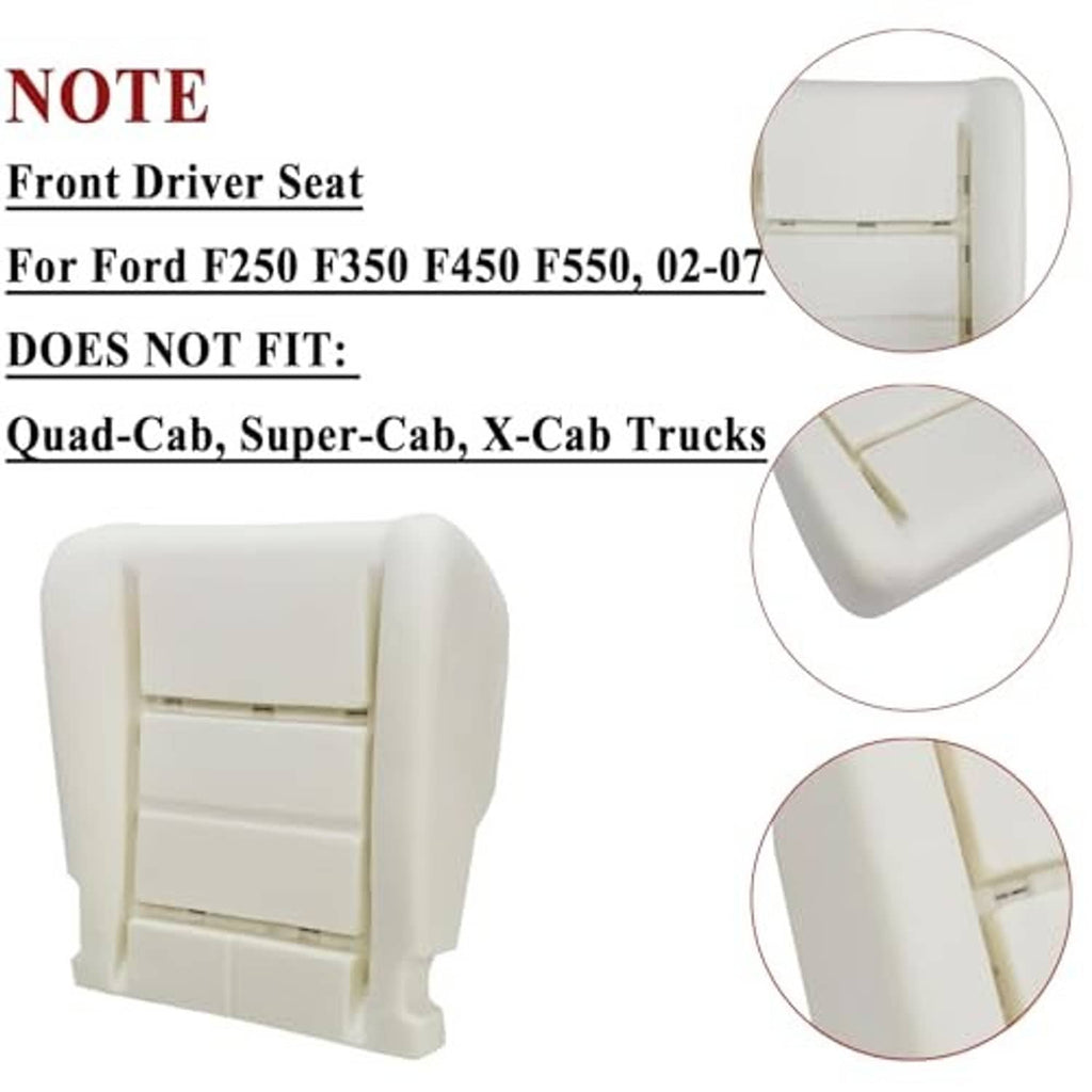 Off-white front driver seat foam cushion with corner tabs and mounting slots