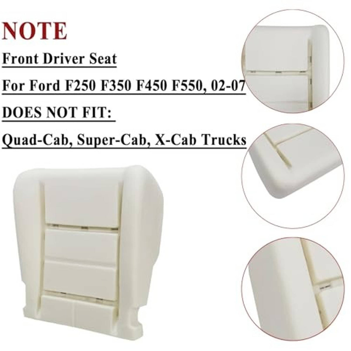 Off-white front driver seat foam cushion with corner tabs and mounting slots