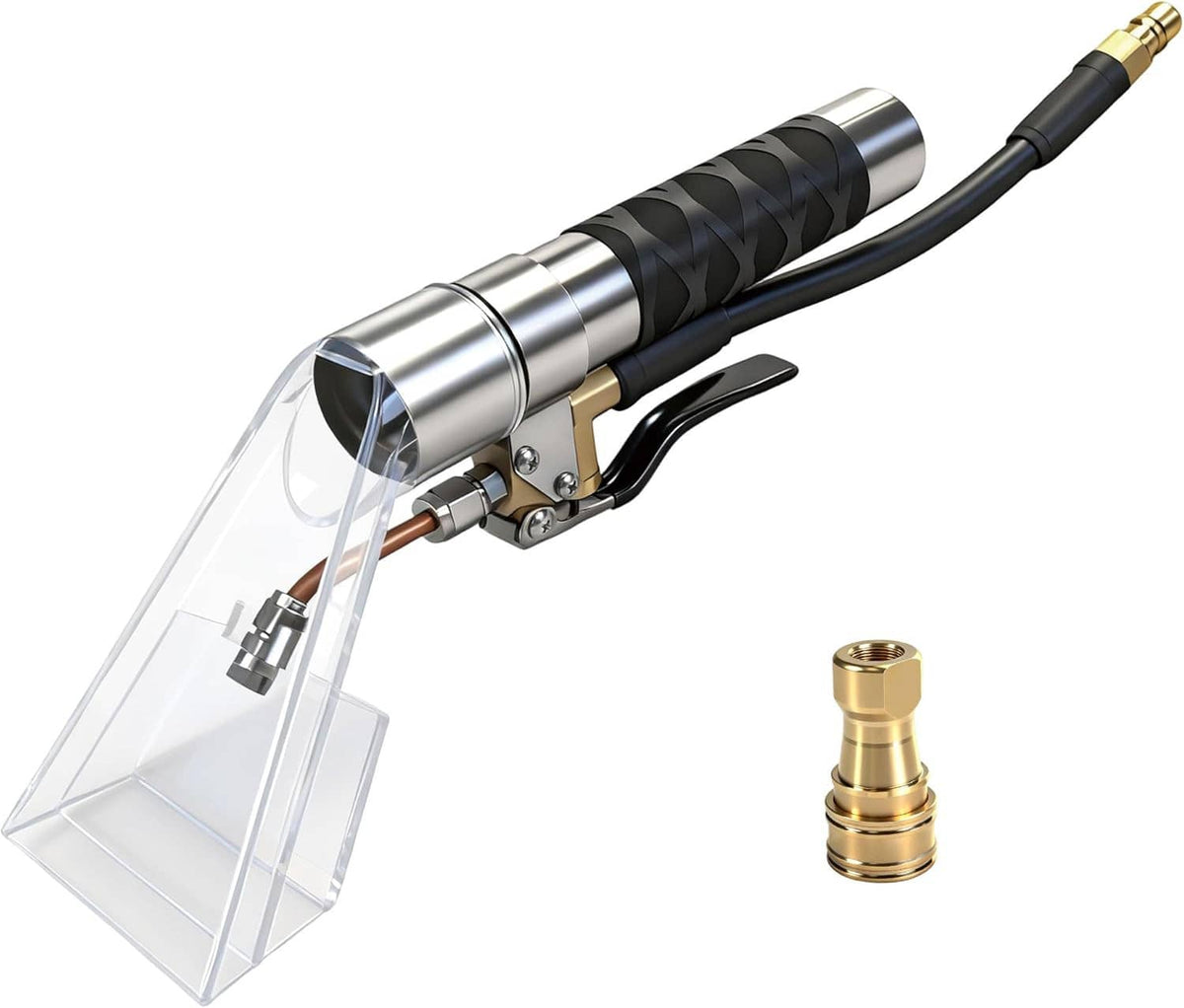 Transparent spray-head extractor wand with silver body, black handle, and brass coupler