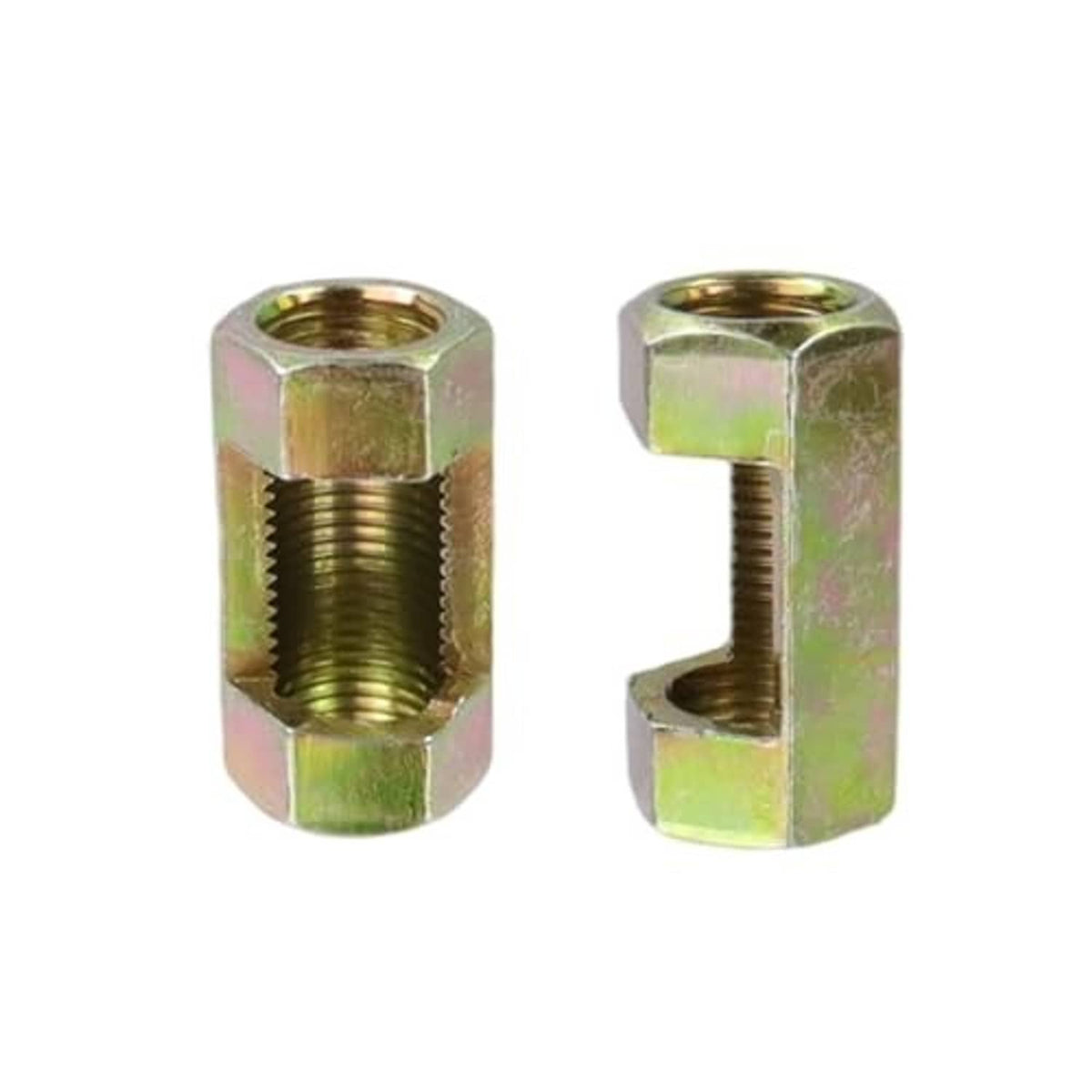 Hex coupling nut with internal female threads, gold-toned finish, two-angle view