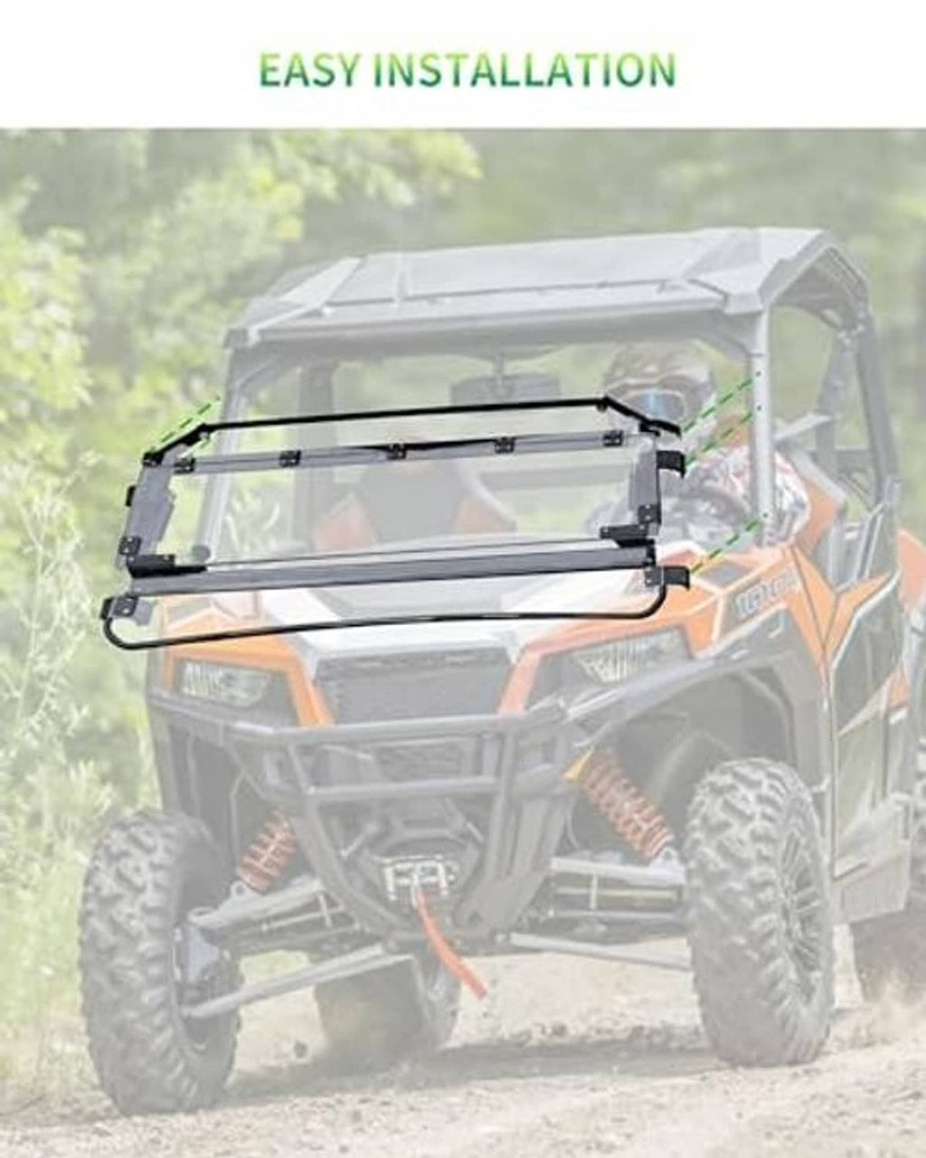 Flip-up windshield with black frame installed on UTV, transparent panel