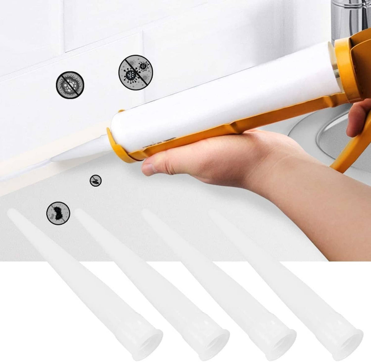 Plastic caulk nozzle tip extender applied to caulk tube outlet