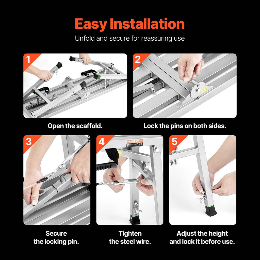 Portable scaffolding platform with locking pins and adjustable leg mechanism for setup