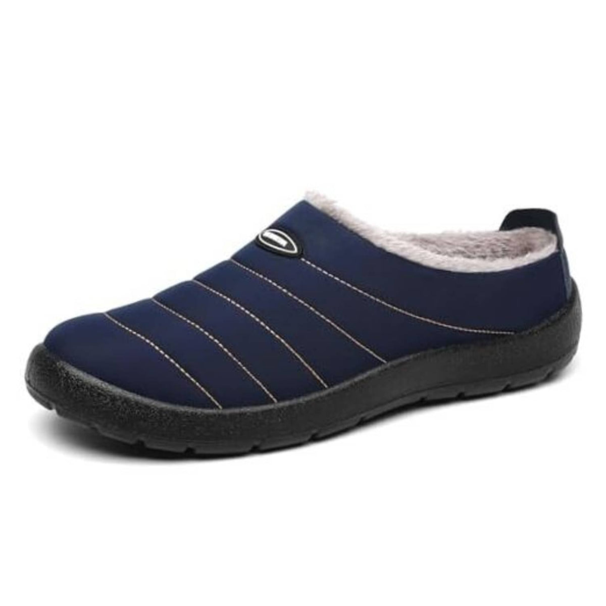 Dark blue slip-on house slippers with white faux-fur lining and stitched stripe panels