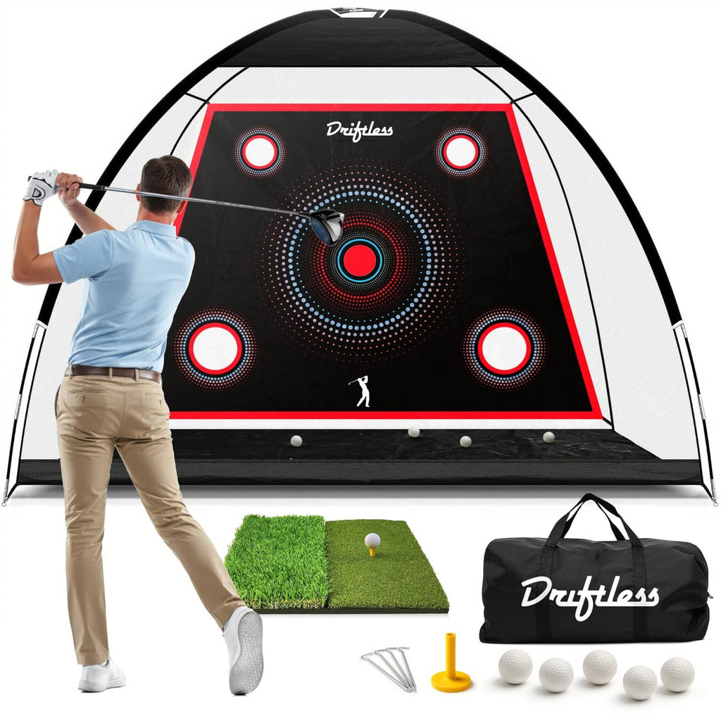 Black golf practice net with red-and-white target panel and circular scoring targets