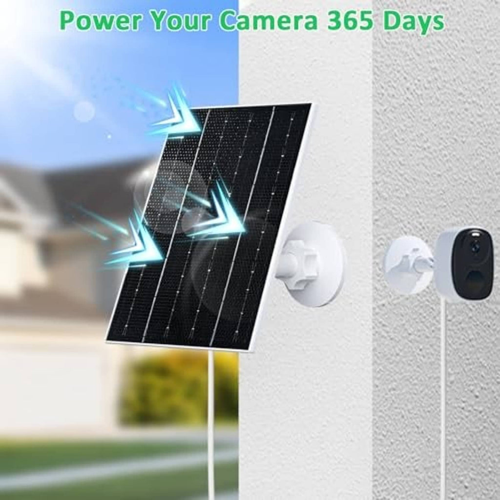 Solar panel with white wall mount for powering an outdoor security camera system