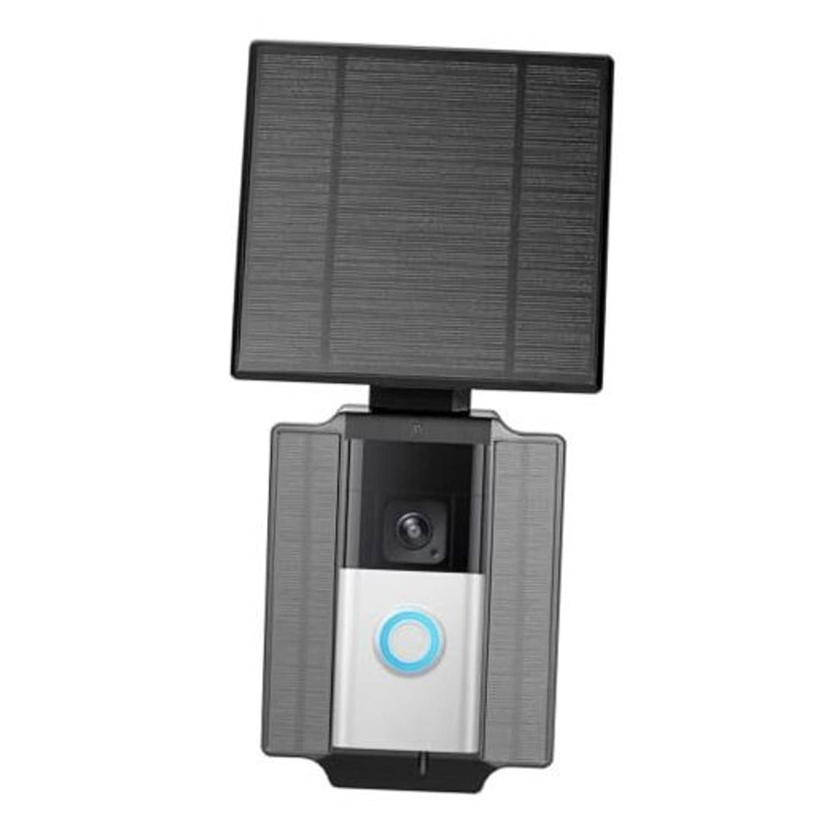 Solar panel doorbell charger with wall mount, dark gray and black, front module