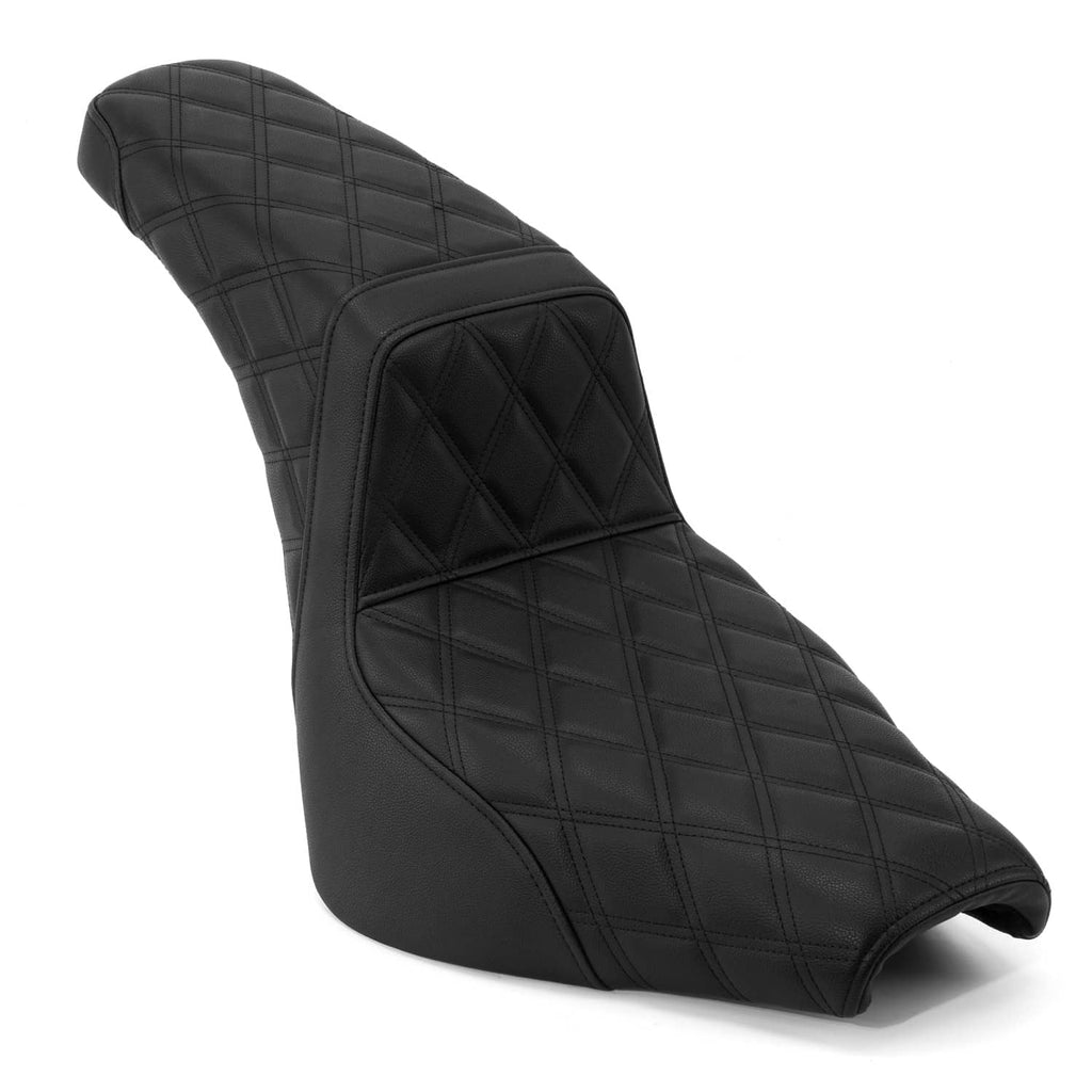 Black motorcycle rider seat cover with diamond quilt pattern and raised backrest
