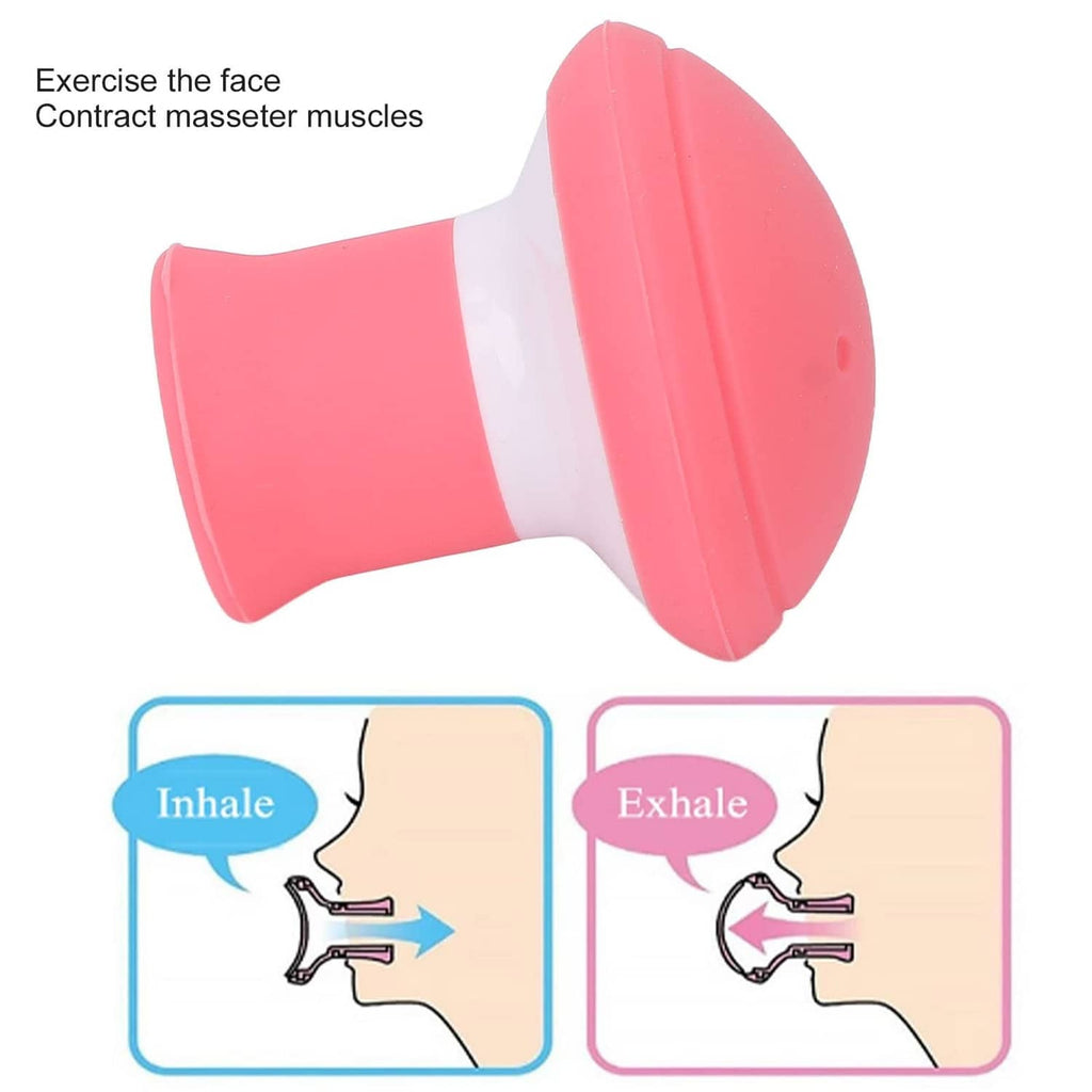Pink and white jaw exerciser tool with wide round pad and flared handle