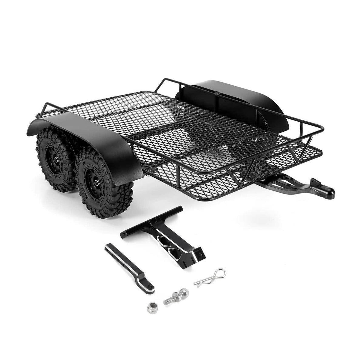 Black metal hitch-mount RC trailer with mesh platform and rear fenders