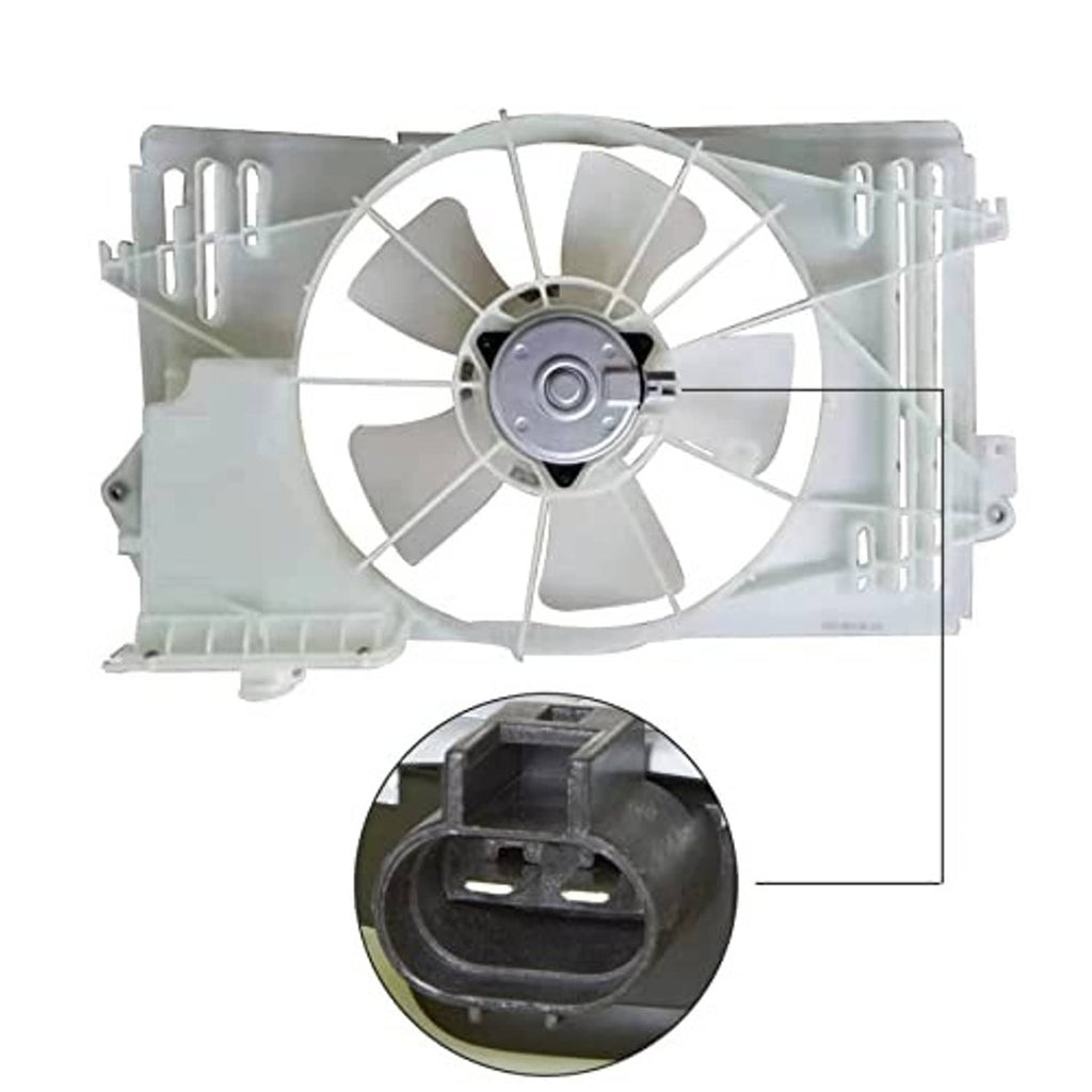 Radiator cooling fan assembly with mounting frame and visible connector detail inset