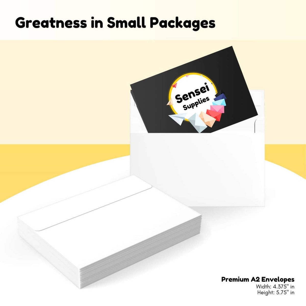 White A2 envelopes in a packaged set with a black branding sleeve