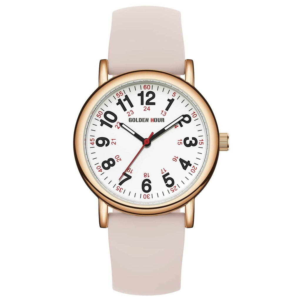 Rose gold nurse watch with white dial, red numerals, and blush silicone strap