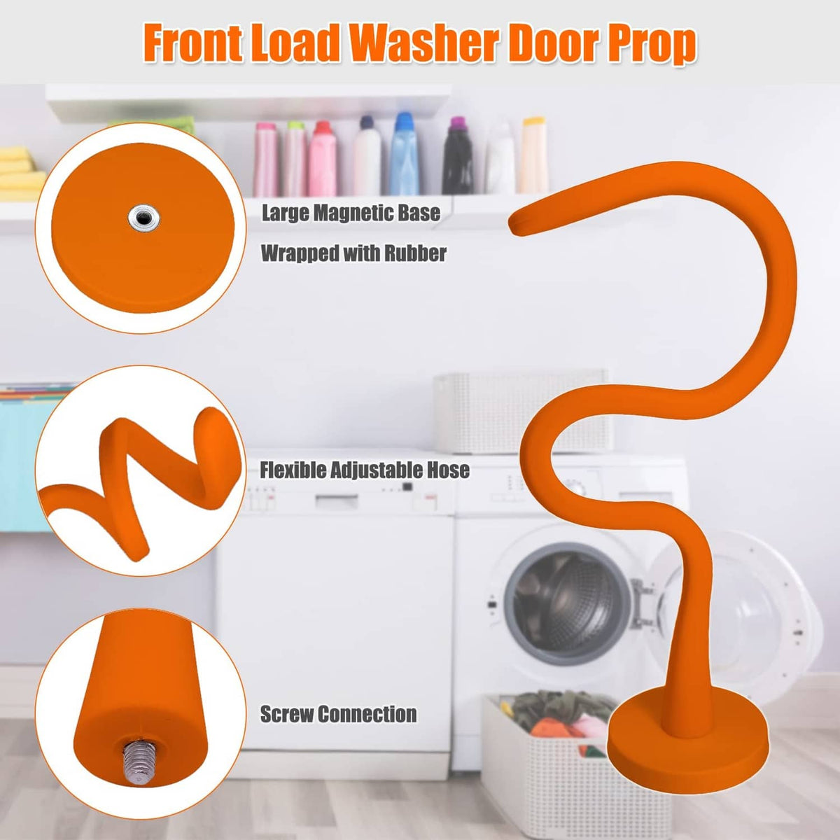Orange magnetic washer door prop with flexible hose and screw connection