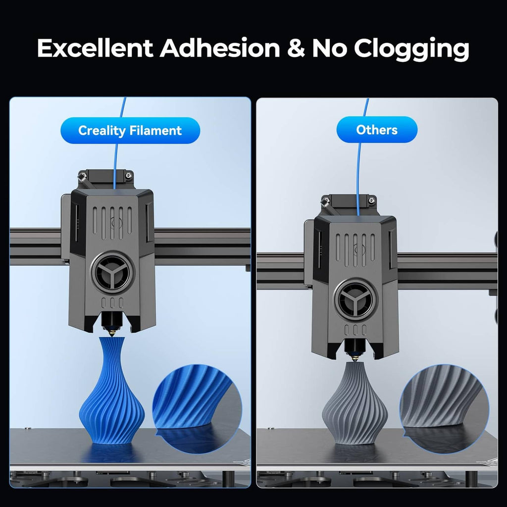 PLA filament extrusion test: blue swirl prints vs gray swirl prints