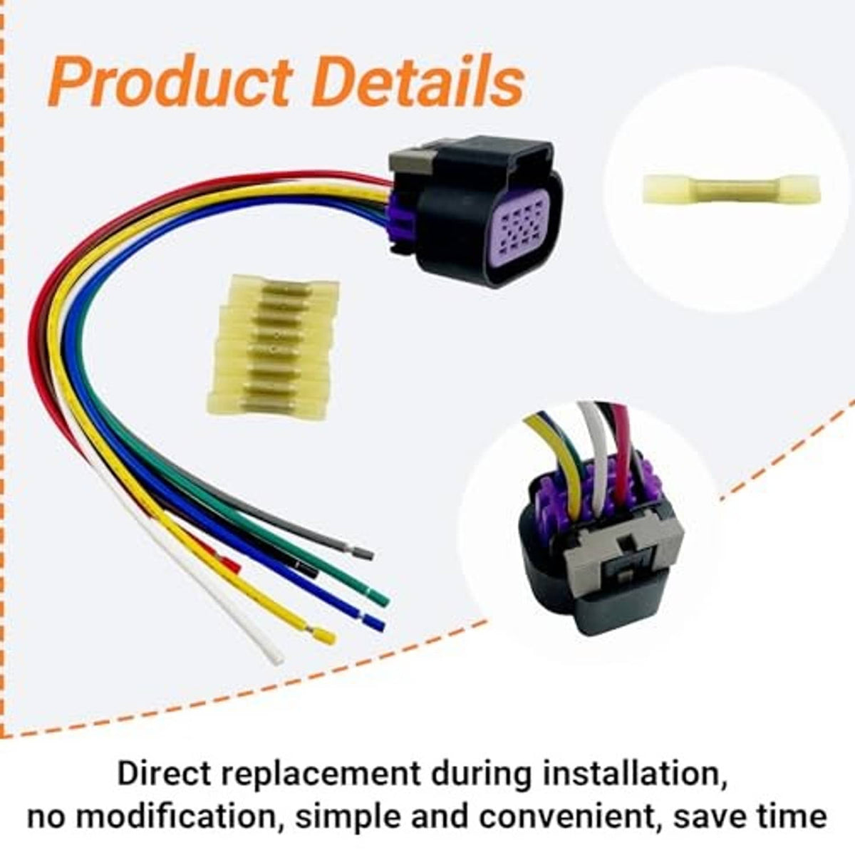 Throttle body wiring harness pigtail with black plug housing, purple face, and wire leads