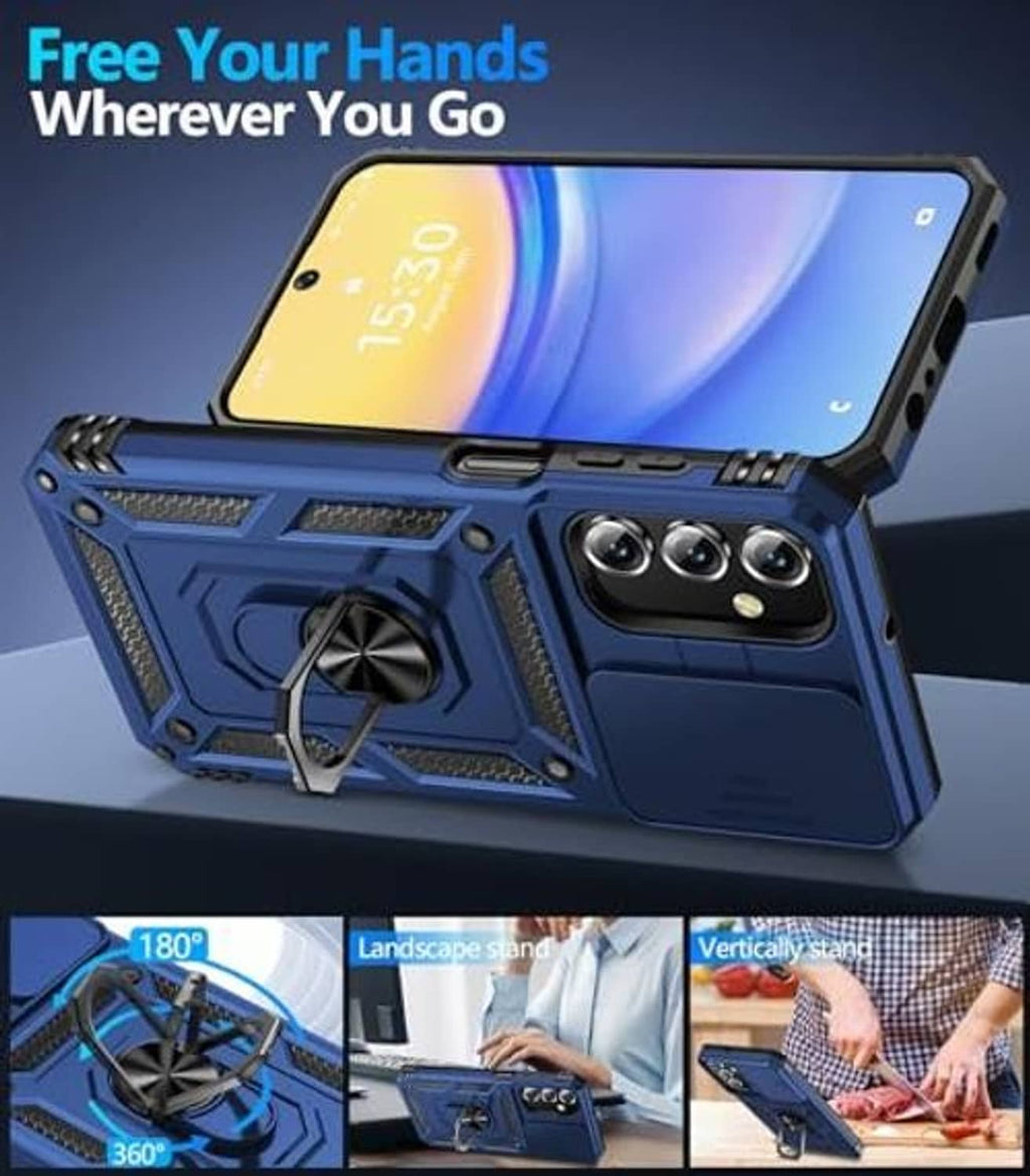 Blue rugged phone case with slide lens cover; screen protector visible on front