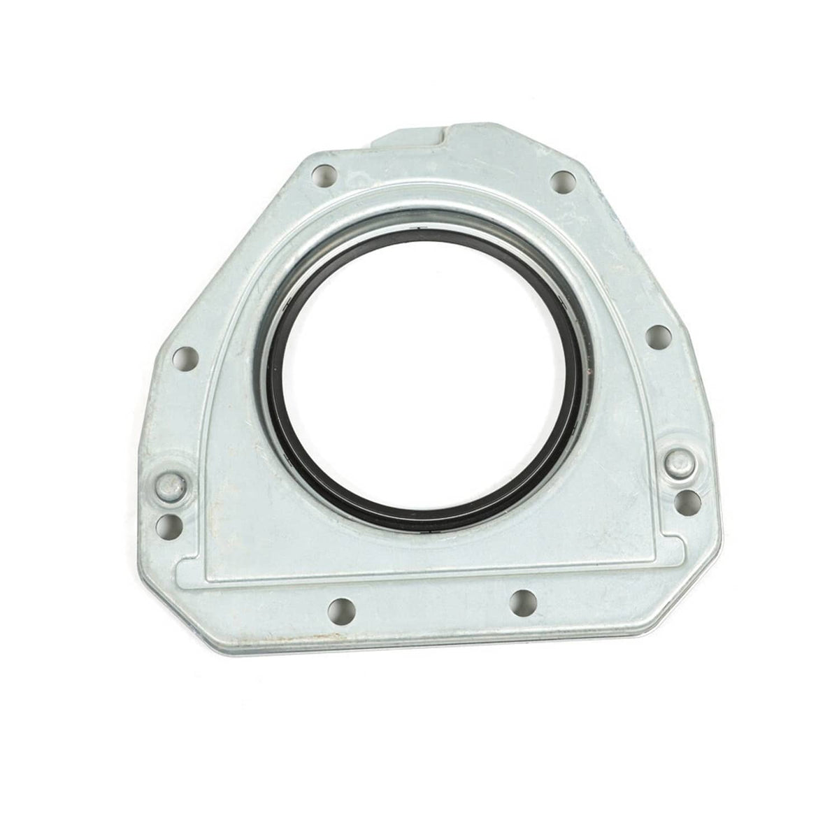 Silver gasket housing with black sealing ring and multiple mounting holes