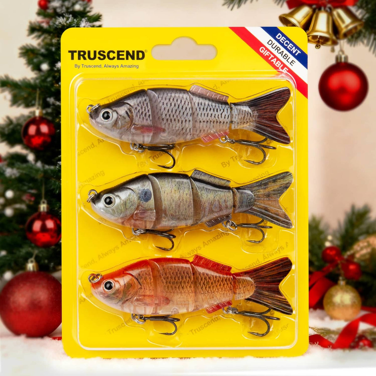 TRUSCEND boxed swimbait set with three lures in silver, iridescent, and orange