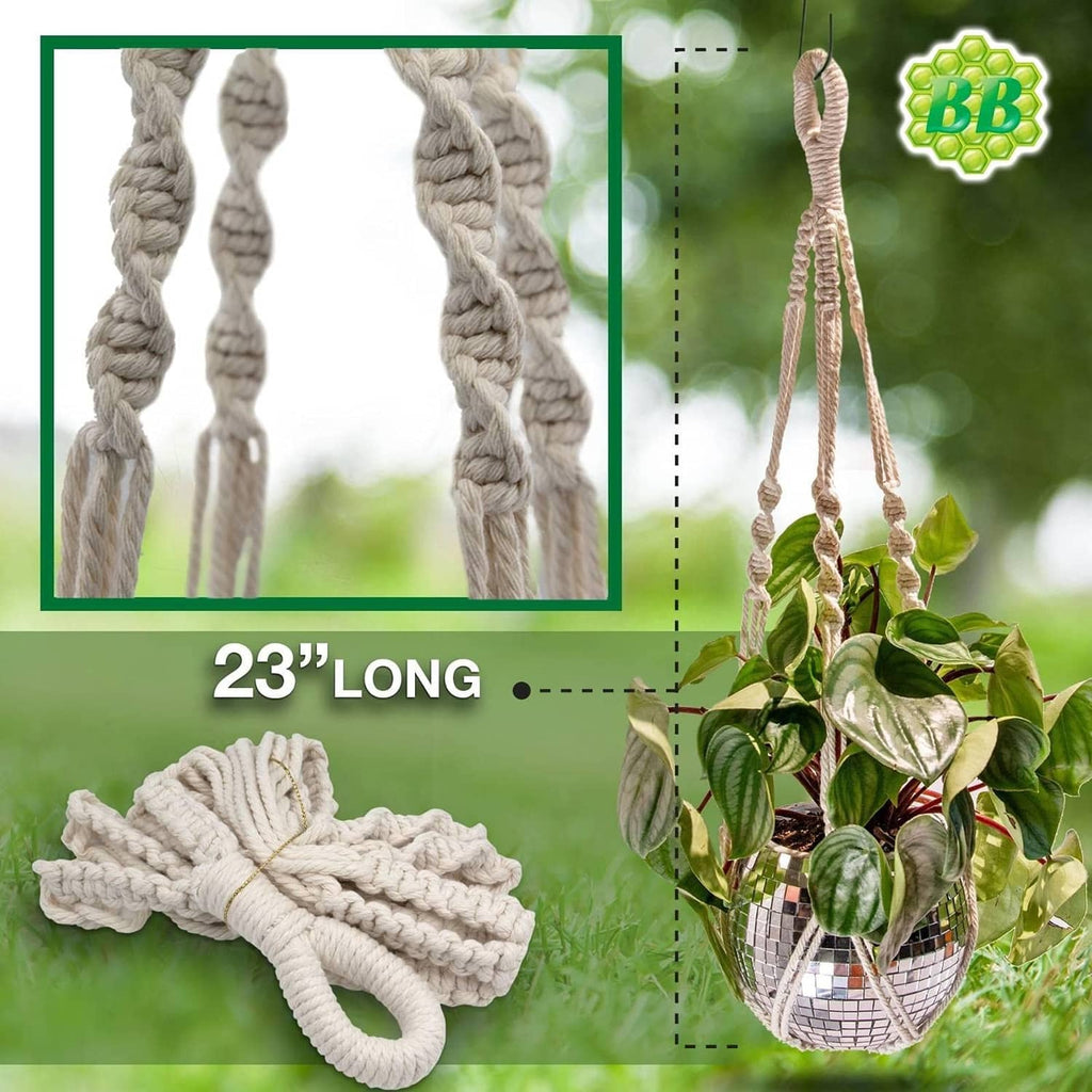 Off-white macrame plant hanger showing woven knots and short hanging rope, 23 in long