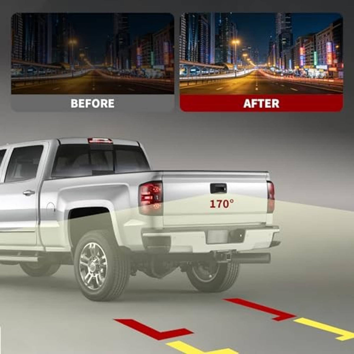 Pickup rear with tailgate handle backup camera guidance lines