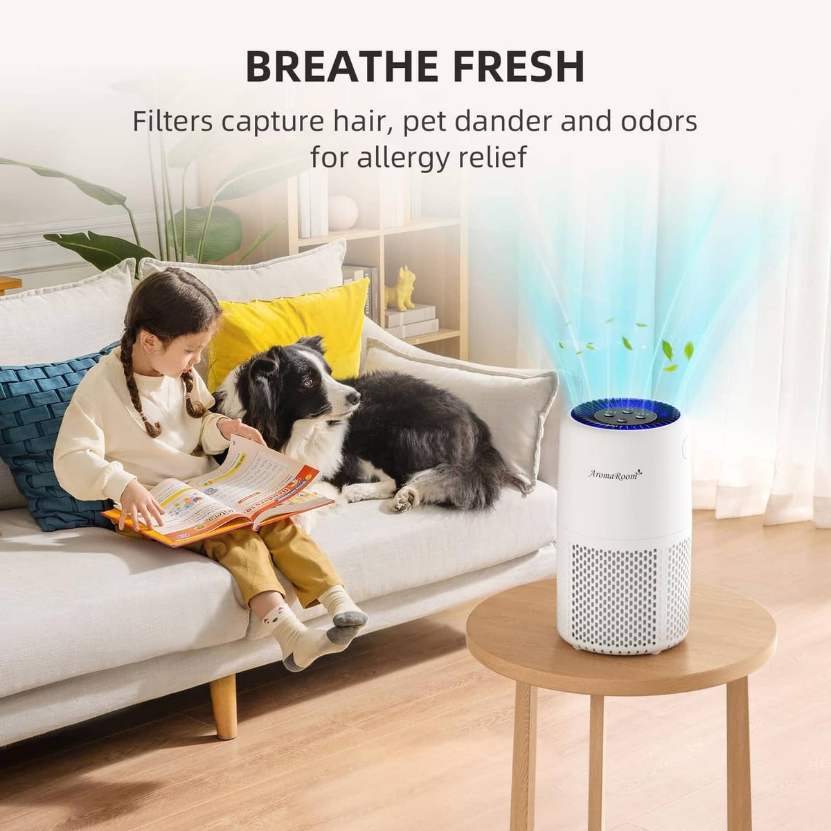 White air purifier on round table with blue top grille and perforated vent sides