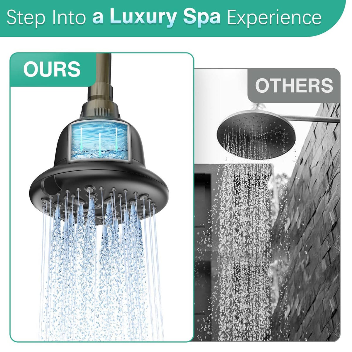 Cobbe shower head comparison showing water flow in soft spray